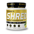 A container of Raisey's SHRED advanced thermogenic blend, which is a fat burner supplement. The container is white with a gold lid, featuring the brand name and product name prominently displayed.