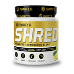 A container of Raisey's SHRED advanced thermogenic blend, which is a fat burner supplement. The container is white with a gold lid, featuring the brand name and product name prominently displayed.