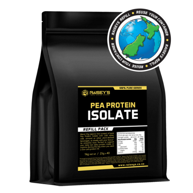Black bag of Raisey's Pea Protein Isolate with a visible brand logo and text.